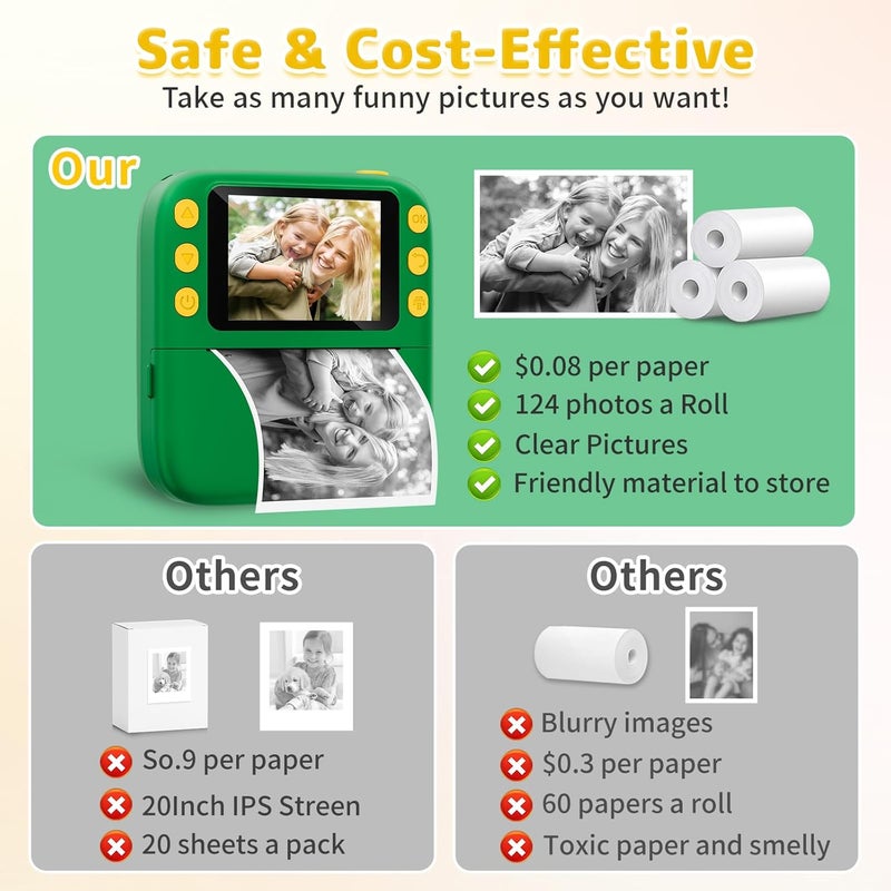 Yusuuo Instant Print Camera for Kids, Christmas Birthday Gifts for Girls Boys, 1080P Instant Digital Print Cameras for Toddler,Portable Toy for 4 5 6 7 8 9 10 Year Old Girl with 32GB SD Card，Green - Image 5